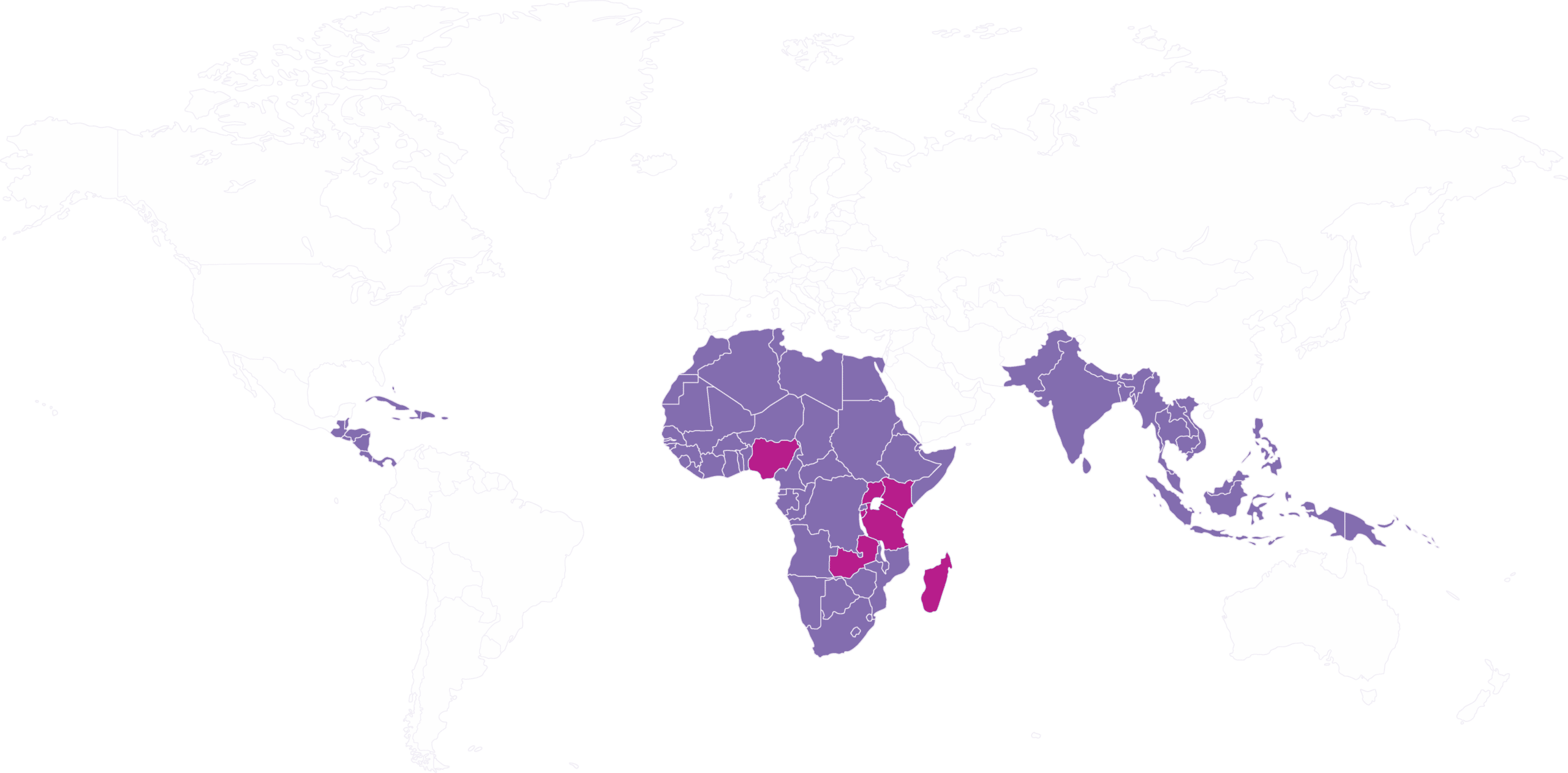 World map with countries in Africa, South and Southeast Asia, and Central America and the Caribbean highlighted in purple and magenta.
