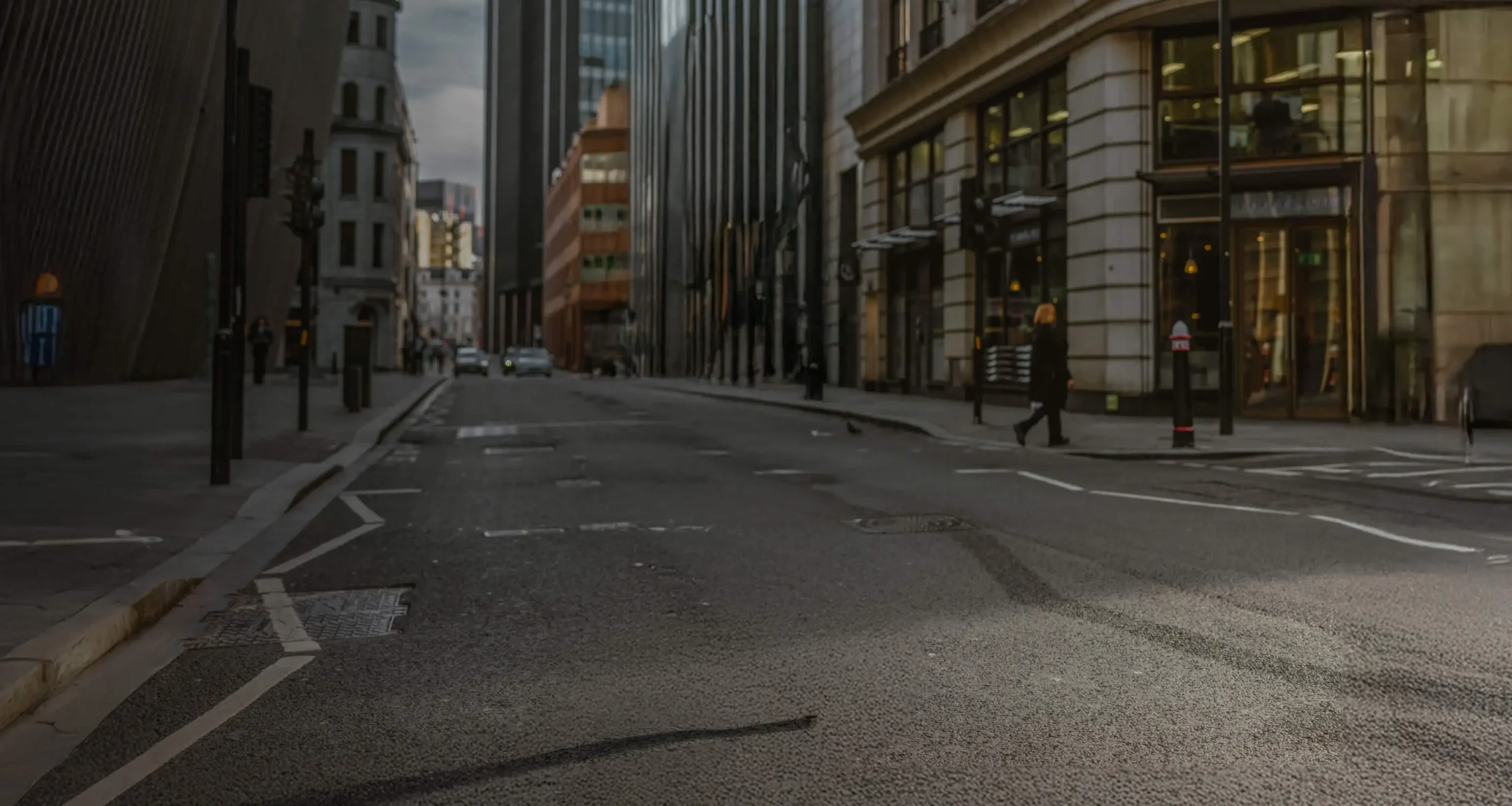 Looking down a city street.